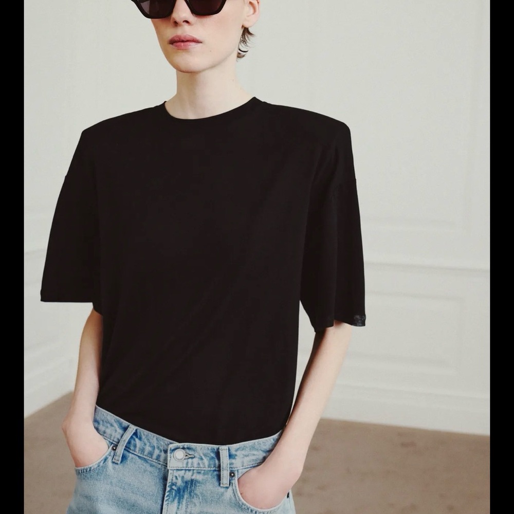 Zara Black Short Sleeve Crewneck TShirt Flowy Shoulder pad